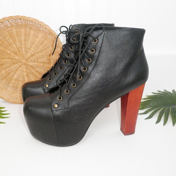 Jeffrey Campbell LITA Platform Heeled Lace-Up Bootie Black Wood Heels 11M Drag - Picture 10 of 15